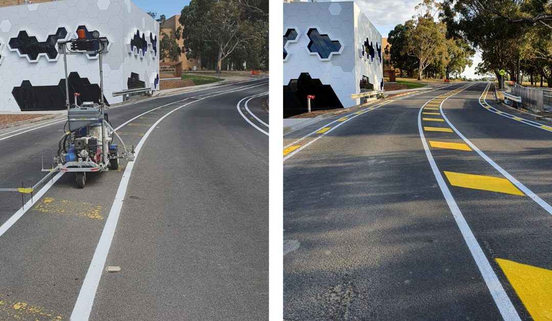 One picture shows the linemarker set up to complete the linework and the second photo shows the chevron lines in the middle of the road completed.