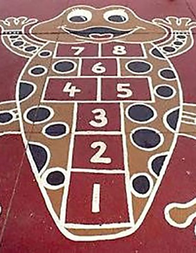 The aboriginal art inspire hopscotch frog allows children to play hopscotch on art inspired by our indigenous culture.