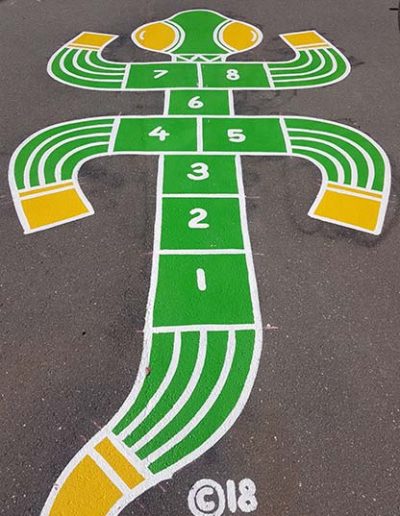 The Hopscotch Goanna is a basic hopscotch that has been transformed allowing them to appreciate styles and colours used in Aboriginal Art while playing hopscotch.