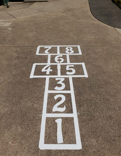 A basic hopscotch marked on the ground to aid in children's exercise and counting.