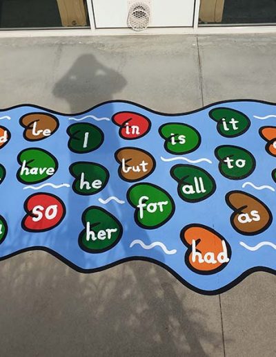 The Word Pond is a fun jumping game that teaches children counting and reading at the same time. The pond may appear as 25-30 blank lily pads, 25-30 with words or 25-30 letters painted on the lily pads.